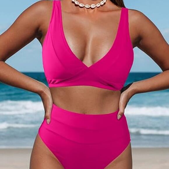 Hilinker Brand Women's Large NWOT Pink V Neck High Waisted Bikini Swimsuit - Picture 2 of 4